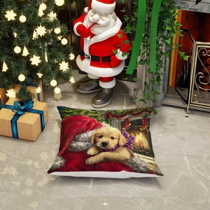 Golden Retriever puppy Christmas pillow case with festive fireplace and tree decor