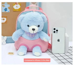 Mini plush teddy bear backpack size comparison next to a large mobile phone