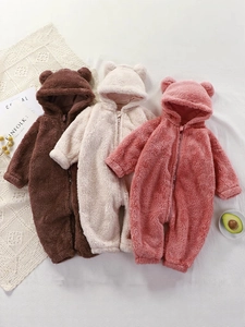 Barboteuse En Molleton Pour Bébé À Capuche Oreilles D'ours Flanelle Chaud Hiver Grenouillère À Fermeture Éclair