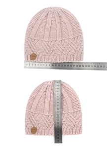 Detailed view of pink chunky knit beanie measuring 20cm width and 21cm height