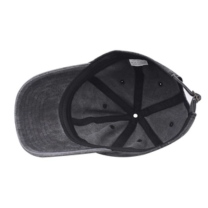 Internal view of dark grey washed cotton baseball cap with seam tape and size label