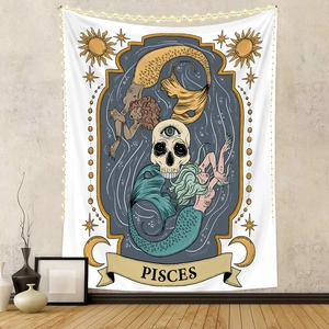 Detail of Pisces gothic tapestry featuring skull, mermaids, and celestial astrology symbols