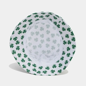 Unisex white bucket hat with green shamrock print showing interior lining and brim
