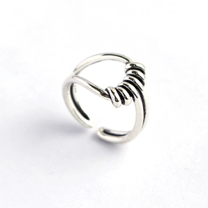 Minimalist S925 sterling silver open ring featuring a unique twisted knot design on white