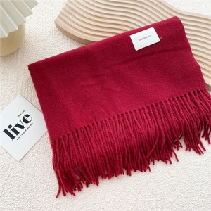 Detail of red winter scarf featuring long tassels and a woven white fabric brand label