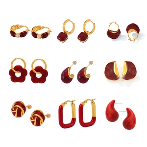 Set of nine elegant red enamel and 18k gold plated stainless steel geometric earrings