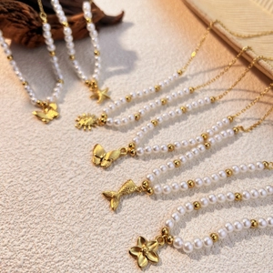 Stainless Steel Imitation Artificial Pearl Pendant Necklace For Women Vintage Shell Butterfly Sun Starfish Jewelry