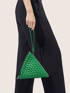 Green leather hand-woven triangle wristlet bag with zipper and handle strap