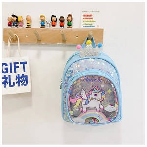 Detail of light blue unicorn kids backpack with crown, sequins and fuzzy pom-poms