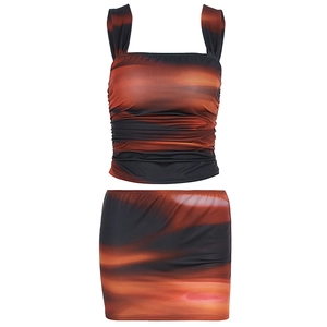 Summer two-piece ruched crop top and bodycon mini skirt set with abstract gradient print