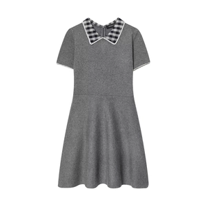 Knitted Mini Dress Peter Pan Collar Plaid Neckline Short Sleeve A-Line Elegant Grey Polyester