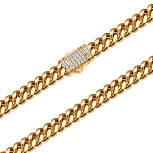 Golden stainless steel Cuban link necklace with iced out crystal buckle in luxury style