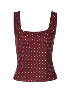 Canotta da donna bordeaux a pois bianchi, vestibilità slim con scollo quadrato alla moda