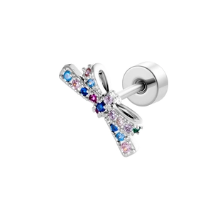 Silver bow stud earring with colorful gems and screw back closure for cartilage piercing