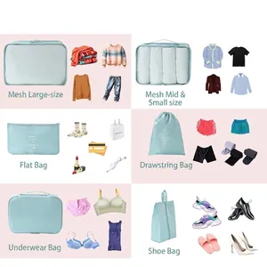 Set da 7 organizer da viaggio azzurri per valigie, borse per vestiti e scarpe incluse