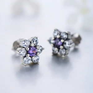 S925 sterling silver flower stud earrings with purple amethyst and white cubic zirconia
