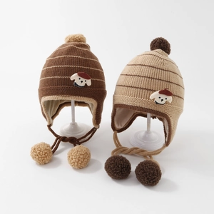 Winter striped baby knitted earflap hat with cute dog patch and soft pom-poms