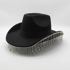 Black felt cowboy hat with sparkling silver rhinestone fringe trim for party wear