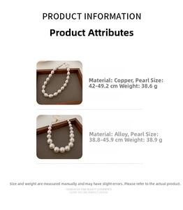 Detailed product specifications for vintage pearl necklaces with varied bead sizes