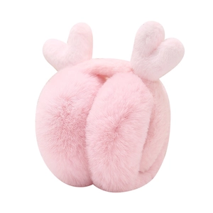 Plush pink earmuffs with 3D heart-shaped pom-poms for winter warmth and outdoor style