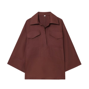 Women's reddish-brown casual long-sleeve shirt and trousers set with two front flap pockets