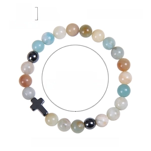 8mm natural amazonite stone beaded bracelet with cross charm and elastic rope