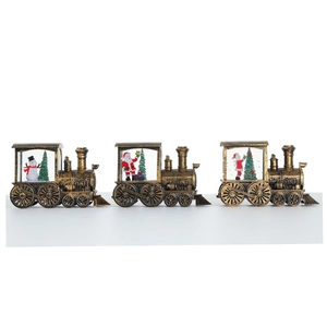 Three gold-brushed Christmas train ornaments with lighted water scenes and Santa figures