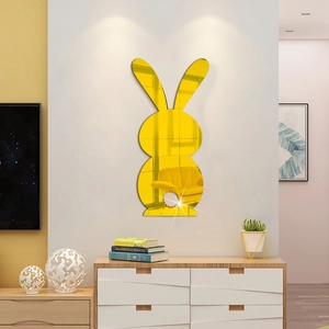 Golden 3D Easter bunny acrylic mirror wall sticker with glitter detail for home decor