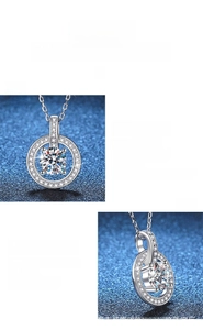 Close-up of circular S925 silver pendant with brilliant round moissanite in claw setting