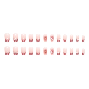 Pink gradient press-on nails with glitter accents, mini pearls and 3D floral decorations