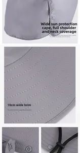 Detail of grey sun hat showing 10cm wide brim and protective neck flap with wind cord