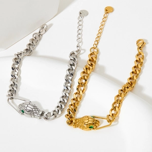 Stainless Steel Snake Head Bracelet Cuban Link Chain With Green Zircon Eyes Luxury Niche Jewelry For Men Women