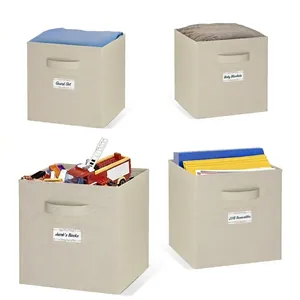 Foldable beige fabric storage bins with handles and label windows for closet organization