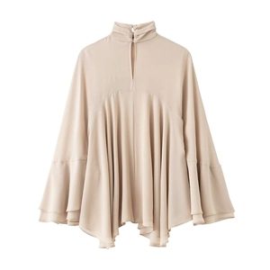 Elegant beige high-neck layered top with hollow-out front and flared bell sleeves