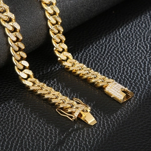 Hip hop style gold-plated stainless steel Cuban link necklace with iced out CNC stones