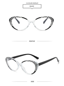 Cat-eye blue light glasses featuring geometric black and white patterns and clear frames