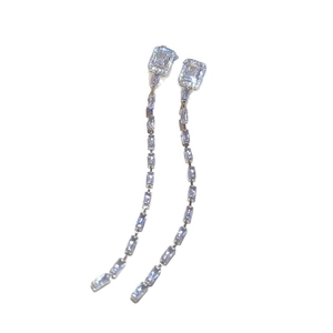 Silver needle square zircon tassel drop earrings for women with elegant long chain sparkle