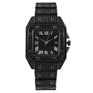 Luxury women's black square quartz watch with Roman numerals and calendar date window