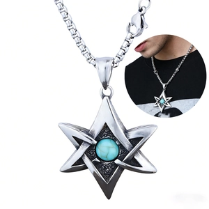 Viking Hexagram Pendant Necklace Stainless Steel With Blue Synthetic Turquoise Star Of David Amulet For Men Women