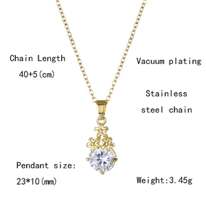 Detailed specs for gold flower necklace with dimensions and stainless steel weight info