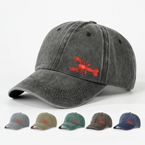 Vintage Washed Baseball Cap With Red Lobster Embroidery Adjustable Retro Distressed Sun Hat For Men Women