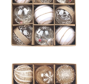 Detail of Christmas tree ornaments featuring burlap wrap, white pearls and glitter textures