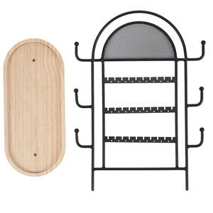 Modern arched black metal jewelry stand with 3-tier earring bars and wooden base