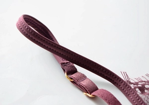 Dettaglio della fibbia dorata regolabile e pizzo sulla lingerie color bordeaux