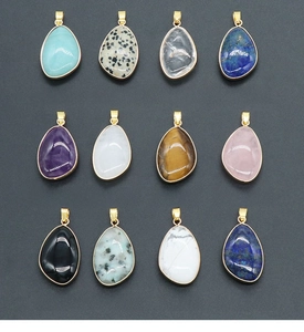 Detailed grid of twelve teardrop-shaped natural crystal pendants with gold plated edges