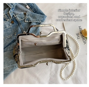 Detailed view of the vintage shell bag interior with silver metal frame and floral embroidery