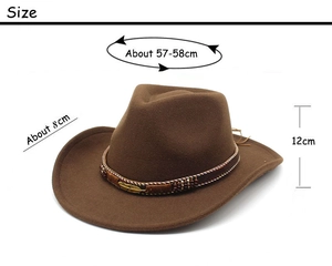 Detailed size chart for brown wool cowboy hat with feather pendant and colorful bead band