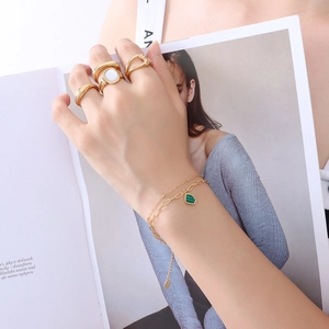 Titanium Steel Double Layer Bracelet With Geometric Emerald Acrylic Pendant Minimalist Paperclip Chain Jewelry For Women