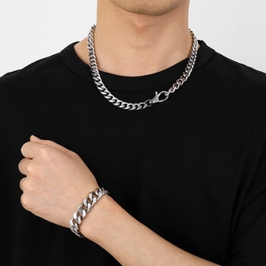 Silver Cuban link chain necklace and bracelet set for men with polished finish