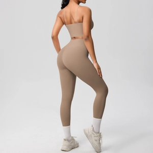 Detail view of mocha brown high-waist yoga leggings and sports bra set for fitness